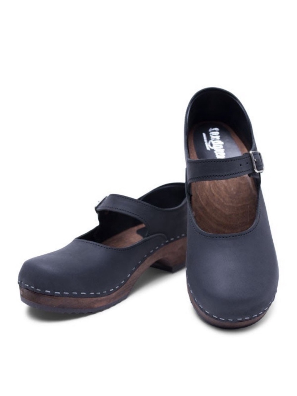 Sandgrens Black Nubuck Leather Swedish Mary Jane Lime Wood Timeless Clogs 7-7.5